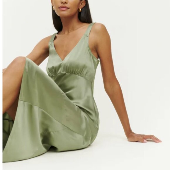 BEST Reformation Daytona Midi Dress Medium Artichoke Green Wedding Silk Slip - Picture 4 of 10